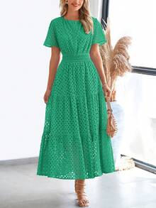 Womens Summer Maxi Dress Short Sleeve V Neck Hollow Out Eyelet A Line Long Flowy Beach Vacation Dresses - 綠色 - 查看 5