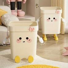 1pc Cute Creative Design Plastic Trash Can, Bedroom Living Room Garbage Waste Storage Bucket, Can Also Be Used To Grow Flowers,Open Pressure Ring Method, With Feet And Eyes Decoration, Home Decoration - Beige - View 1