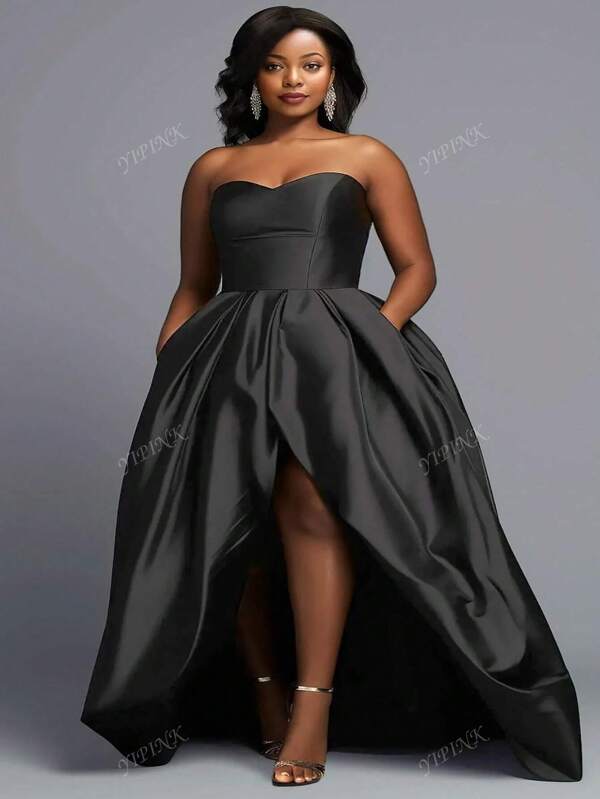Plus Size Formal Black Split Satin High Low Maxi Dresses