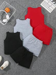 Set da 6 pezzi Tuta casual alla moda per giovani ragazzi, con canottiera e pantaloncini corti, con lettere inglesi e colori uniti, nuova collezione estiva