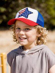 1pc Toddler Boys' Sequin American Flag Mesh Truck Summer Sun Hat, Baseball Snapback Cap - 1PC - View 4
