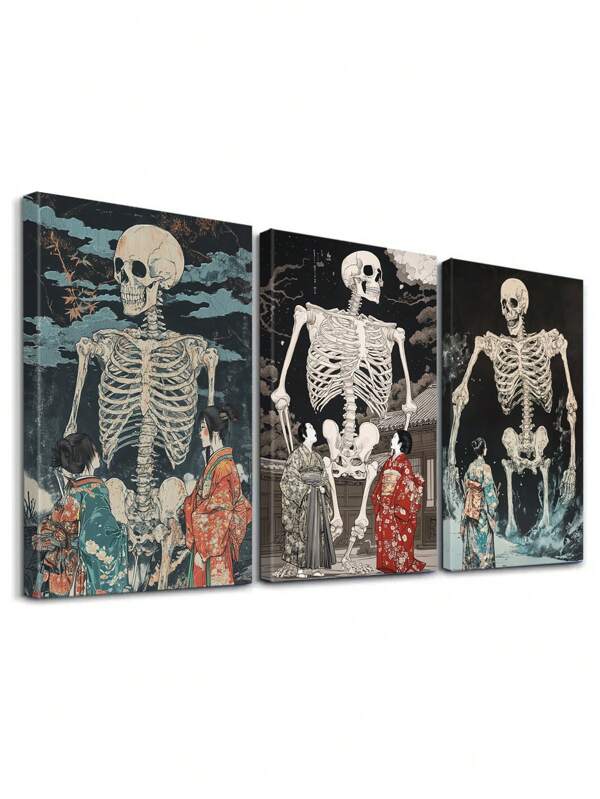 Conjunto de 3 pósteres: Cielo nocturno, Figuras femeninas, Fondo oscuro. Impresiones artísticas, escena fantástica en lienzo, pintura de calavera, póster de kimono tradicional. Obras de arte, pintura, decoración moderna del hogar, estética de la habitación, pósteres, con opción de marco