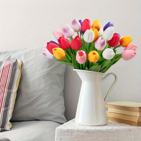 Colorful Artificial Tulip Flower Bouquet, Placed In Glass Vase - Vivid Polyurethane Fake Flowers, Perfect For Valentine's Day Home Decor, Realistic And Durable, No Battery Needed, Floral Decoration