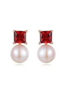 1 Pair Minimalist Summer Fashion Fresh Pearl Embedded Red Stone Rose Gold Plated Stud Earrings, Suitable For Daily Wear For Women