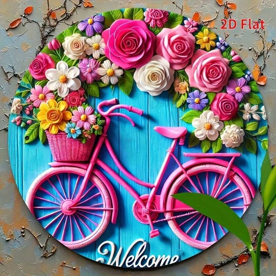 1 pieza Letrero de bienvenida plano 2D, con bicicleta vintage y corona de flores - Placa de pared de metal de 8 pulgadas, resistente al agua y al óxido, apta para decoración interior/exterior del hogar, entrada de la habitación, regalo para amigos, decoración de bicicleta, con agujeros previamente perforados, estilo de agujero aleatorio