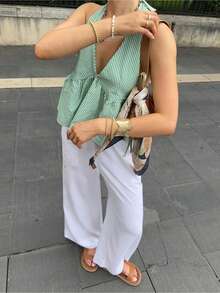 Women Y2k Babydoll Tank Top Cute Tie-Up Halter Neck Sleeveless Peplum Top Vintage Plaid Backless Cami Tank Top Coquette Summer Streetwear - 綠色 - 查看 2