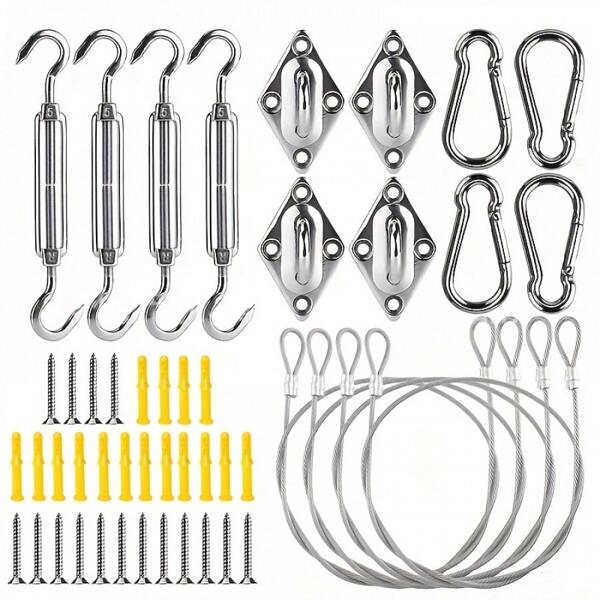 44pcs Sun Shade Sail Hardware Kit, Stainless Steel Mounting Accessories Set For Triangle And Square Shade Canopy, Including Tension Adjusting Bolts, Spring Hooks, Grommets, PVC-Coated Steel Cables, Screws - For Outdoor Use