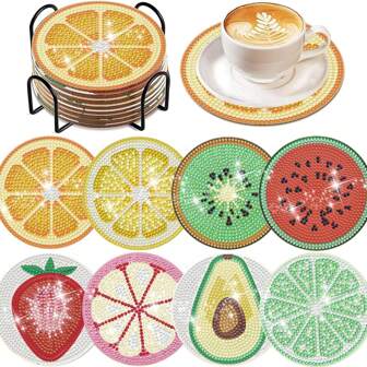 水果图案钻石画杯垫套装带支架，成人 DIY 钻石艺术杯垫套装，适合初学者工艺用品，理想的节日礼物