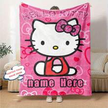 Sanrio Couverture personnalisée Hello chat avec nœud rose et cœurs - Flanelle ultra douce de 280 g/m², cadeau personnalisé pour les amis, petites amies, couverture douillette toutes saisons, couverture mignonne, design contemporain en flanelle, impression par transfert de chaleur