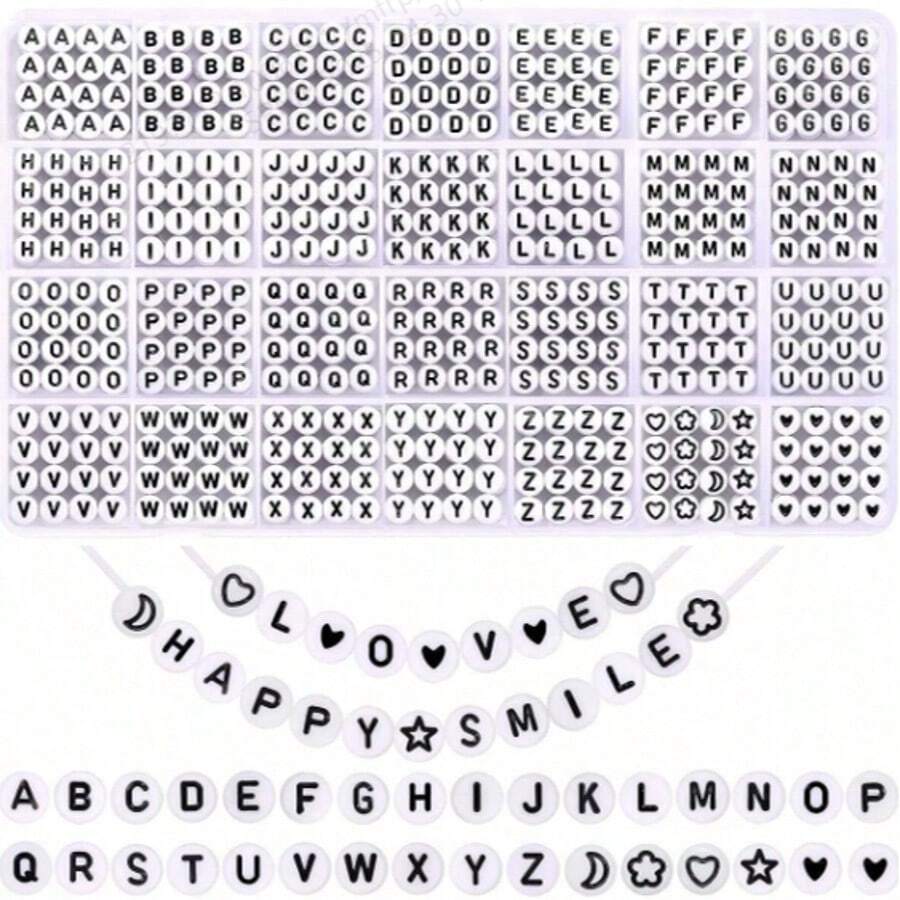 1 盒 1400 颗圆形字母珠子（用于珠宝制作）、31 款白色 A-Z 字母亚克力珠子套装、心形珠子（用于手链制作）（4 * 7 毫米） - 黑底彩色字母 - 查看 1
