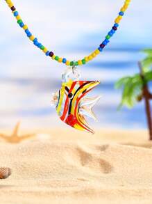 1pc Fashionable Multi-Color Beaded Necklace With Ocean Theme Hexagon, Mushroom, Glass Pendant, Suitable For Valentine's Day, Couple, Best Friends, Family Party, Gift, Beach, Daily Wear For Women