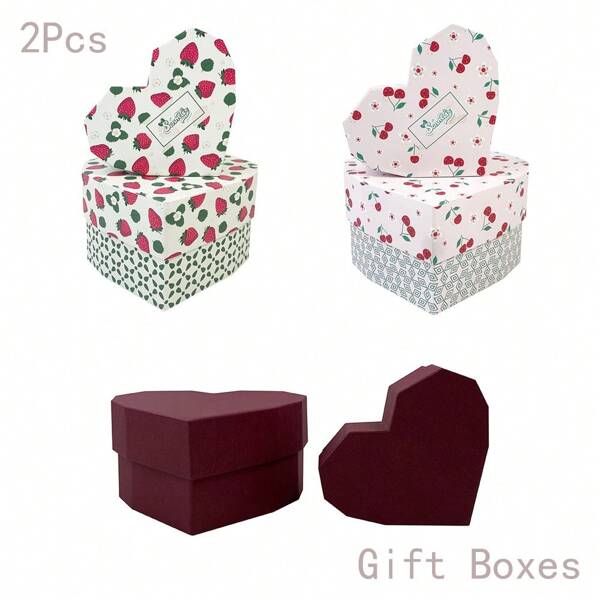 2Pcs Heart-Shaped Gift Box Cherry Design, Gift Box With Lid Bridesmaid Proposal Wedding Birthday Party Gift Boxes, Father's Day Graduation Gift Boxes