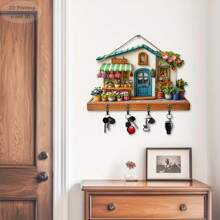2D Flat, 1pc, A Wooden Colorful Flower Shop Town Multifunctional Home Key Hanger (29.97cm X 22.86cm), With Four Metal Hooks - 2D Flat Printing, Wall Decoration, Porch Decoration, Room Decoration, Villa Decoration, Four Seasons Home Decoration, 2D Flat