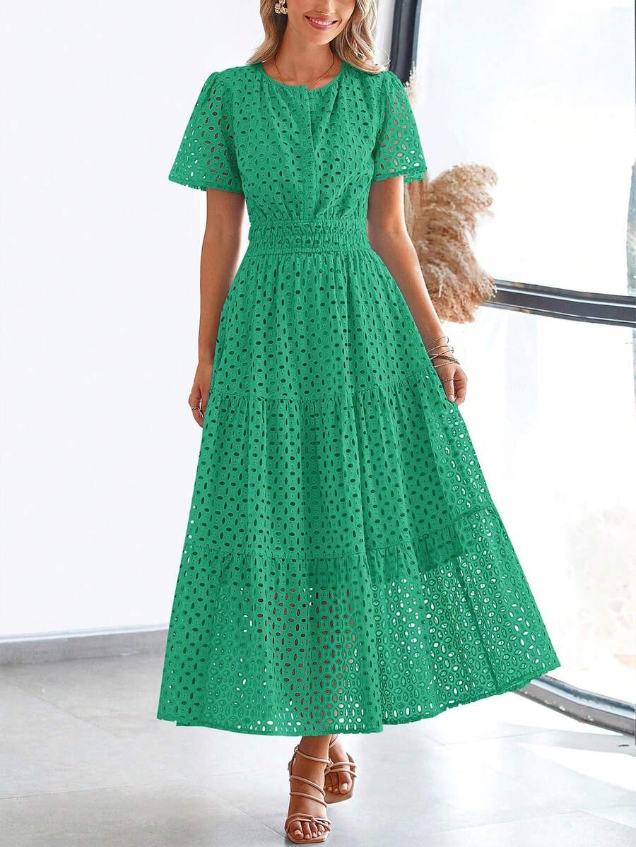 Womens Summer Maxi Dress Short Sleeve V Neck Hollow Out Eyelet A Line Long Flowy Beach Vacation Dresses - 綠色 - 查看 1