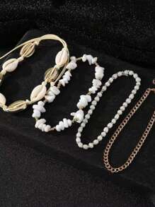 4 Stücke/Set Damen Mode Muschel & Perlen Fußkette, bohemische Strandschmuck für die Füße