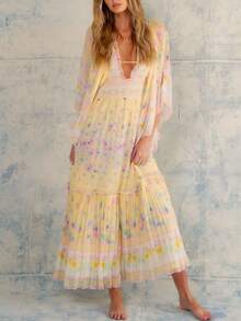 Women Long Sleeve Boho Maxi Dress Floral Printing V-Neck Tie Up Backless Casual Long Dress Flowy Sundress Beachwear - 黃色 - 查看 1