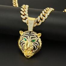 1pc Hiphop Rhinestone Tiger Head Pendant Necklace For Men, Streetwear Cuban Chain - Multicolor - View 6