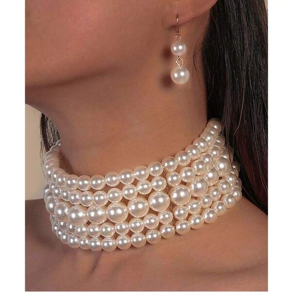 Set de joyería de 2 piezas con collar y pendientes de perlas falsas, elegante y de moda