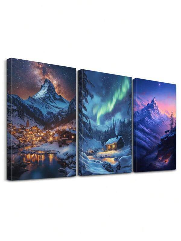 Lote de 3 pósteres con impresión en lienzo de "Cumbres nevadas", "Montañas al atardecer", "Atmósfera apacible", "Cabañas acogedoras", "Aurora boreal", "Pueblo ártico" para decoración de hogar moderno, regalos ideales, con opción de marco