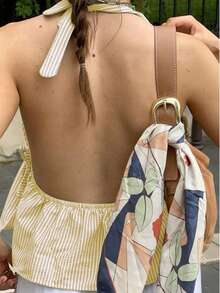 Women Y2k Babydoll Tank Top Cute Tie-Up Halter Neck Sleeveless Peplum Top Vintage Plaid Backless Cami Tank Top Coquette Summer Streetwear - 黃色 - 查看 4