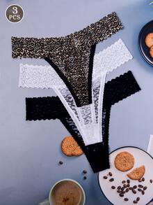 3pcs 3 Colors Women Leopard Lace Thong Panties, Sexy