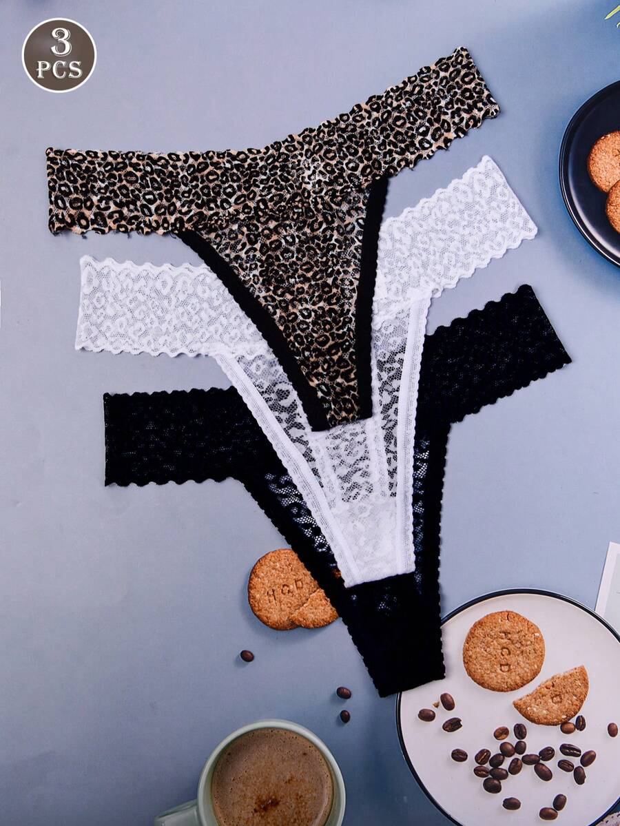 3pcs 3 Colors Women Leopard Lace Thong Panties, Sexy