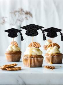 24 pièces Décorations de petit gâteau graduations en forme de toque noire et or pailleté - fournitures de décoration de petit gâteau pour fête de graduation