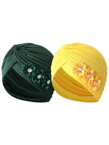 2pcs Women Solid Color Rhinestone Flower Casual Retro Headband, Everyday Versatile Watermelon Shaped Cap Accessory Hair Sleep Cap Sleep Bonnet - Multicolor - View 16