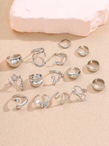15/10Pcs Punk Smooth Geometric Open Rings Set For Women Exaggerated Asymmetrical Silver Color Thick Chunky Ring Hip Hop Jewelry Gifts