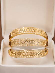 1/2/3pcs Classic Double Row Cubic Zirconia Decor Bracelet, 60mm Diameter, Openable, Suitable For Women Daily Wear, No Packaging - Gold - View 2