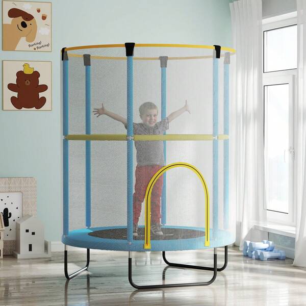 Aiyaplay AIYAPLAY Kinder Trampolin Ø140 cm, Indoor Trampolin mit Sicherheitsnetz, Gummiseil, Randabdeckung, Kindertrampolin mit Tür mit Reißverschluss für 3-6 Jahre Kinder Dunkelblau