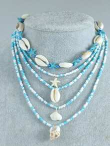 5pcs/Set Boho Multilayer Necklace With Starfish, Seashell, Bead Pendants For Women, Beach Style - Blue - View 3
