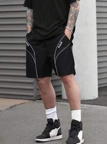 Men's Summer Athletic Workout Woven Shorts, Stripe Decor, Outdoor Basketball Sports