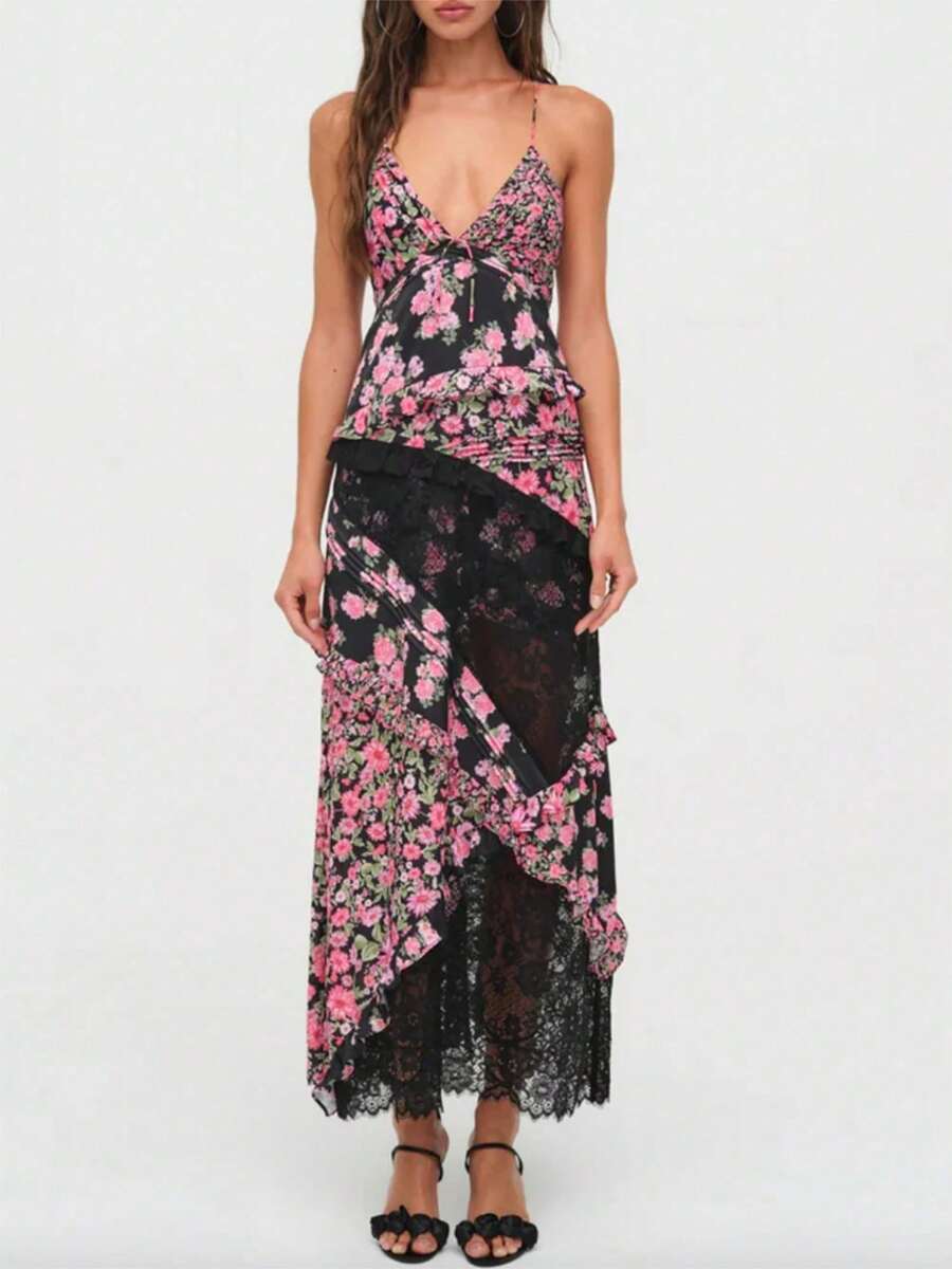 Women's Lace Patchwork Maxi Dress Floral Print Back Tie-Up Summer Sundress Sleeveless Ruffled Spaghetti Straps Long Beach Formal Dress - Black - View 1