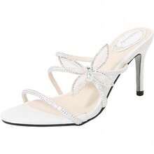 Women's Rhinestones Strappy Open Toe Stiletto Heeled Sandals Slip On Mules Prom Party Wedding Pumps Shoes - White - View 2