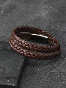 Pulseira de couro trançado multicamadas, acessório minimalista e personalizado com fecho magnético para casais, adequada para uso diário e presente