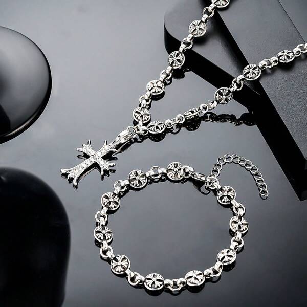 1pc Unisex Cross Pendant Necklace & Bracelet, Fashionable High-End Hip Hop Punk Jewelry Accessory