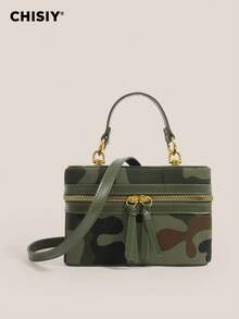 手工原创迷彩绿拼布装饰水桶包，配有可拆卸腕带和肩带，狂野女孩手提包，拉链开合多功能斜挎包，适合性感女神，适合购物、派对、朋友聚会、校园、送礼场合 - 軍綠色 - 查看 8