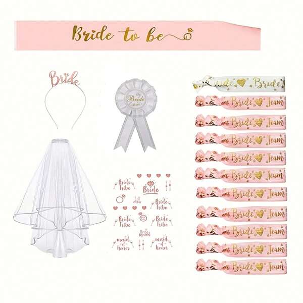 16 pièces/set Décorations de Enterrement de Vie de Jeune Fille, Parure de Bijoux pour Mariée, Accessoires de Fête de Mariage pour Femme incluant Écharpe "Mariée à Être", Bracelets, Tiare, Voile et Tatouages, Noël