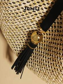 1pc Bohemian Vacation Straw Weaved Tasseled Tote Bag, Shoulder Bag, Casual Large Capacity, Versatile For Daily Commute, Fashion Casual, Tourism, Beach, Wedding - màu đen - Xem 3