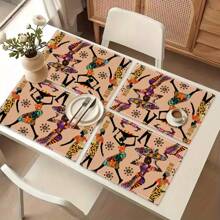 1pc African Women Pattern Printed Table Runner, 4pcs African Women Print Placemats, Suitable For Festivals, Parties, Birthdays, Dinners, Kitchen & Dining Room Decor, All Season Room & Home Textile Decoration Table Flags