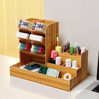 1 件多功能木制桌面收纳盒 - 笔筒、桌面文具、易于组装、桌面收纳盒 - 木制笔筒和文具收纳盒，带多个隔层，以及办公室、家庭或学校用品的配件、办公用品和配件