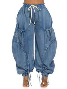HERTALK Women's Baggy Y2K Elastic Waisted Jeans Bow-Knot Drawstring Pull-On Cargo Denim Pants Harem Pants Streetwear Baggy Jeans Mujer Jeans High Waist Black Jeans For Women