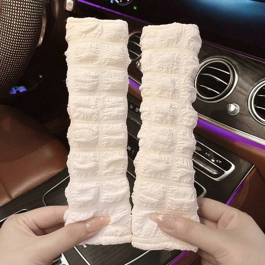 2pcs White Puff Car Shoulder Pads, Soft & Comfortable Anti-Chafing Shoulder Covers, High-End Car Seat Belt Protector Covers, Creative Car Interior Accessories - White - View 1