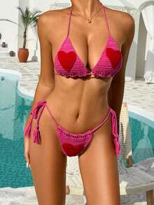 Trajes de baño de dos piezas para mujer, sin mangas, con cuello halter, sujetador tejido con forma de corazón y tanga de talle bajo. - Rosa Fucsia - Ver 5