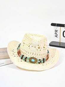 1 Peça Chapéu de Palha de Verão Feminino com Decoração de Zircônia Oca e Respirável, Chapéu de Cowboy de Sol Unissex na Moda e Personalizado, Adequado para Praia, Férias, Proteção Solar Diária, Ótima Ideia de Presente para o Dia dos Pais