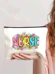 Cosmetic Bag, Cute Retro Minimalist Fashion Letter Print Storage Bag, Gift For Girls, Small Item Storage Cosmetic Bag, Christmas Cosmetic Storage Bag, Toiletry Bag, Clutch, Lightweight Foldable Storage Bag, Minimalist Shopping Bag, Suitable For Personal Travel Cosmetics Storage, Christmas Gift, Minimalist Travel Storage Bag, Solid Color Cosmetic Bag, Christmas Gift, Travel Essential, Vacation, Summer Holiday, Back To School, School Supplies Bag, Travel Bag, Women's Travel Cosmetic Bag - Beige - View 2