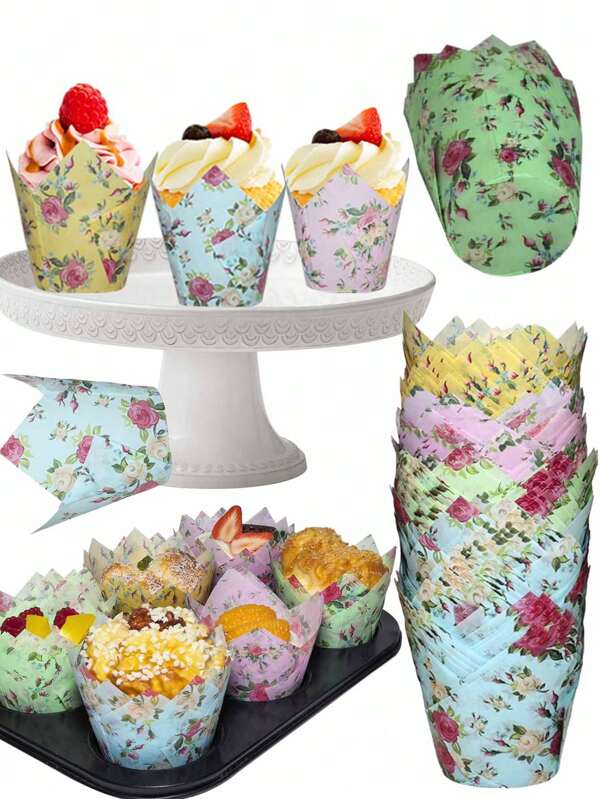 200/150/100pcs Floral Tulip Print Cupcake Liners, With Pale Pink, Yellow, Green And Blue Patterns, Suitable For Holiday, Birthday, Wedding Party Baking Tools