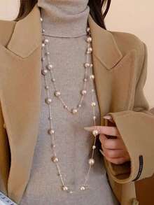 1pc Long Faux Pearl Layered Necklace For Women, Suitable For Party And Daily Wear, Jewelry Gift