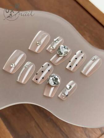 10 piezas de uñas postizas cuadradas cortas, uñas postizas con brillo ojo de gato rosa con diseño de flores, uñas artificiales de cobertura total con juego de medición hechas a mano para uso diario en la oficina, suministros de manicura de para el verano - Diseño de uñas cuadradas cortas, diseño de uñas con ojo de gato, rayas pintadas a mano con diamantes, arte de uñas lujoso hecho a mano, con clips de uñas, piezas de uñas postizas.